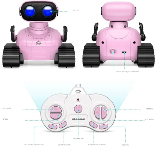 Miniatura 5 de ALLCELE Robot de juguete para niñas, robot RC recargable para niños, juguete de control remoto con música y ojos LED, regalo para niños a partir