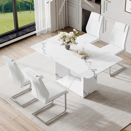 Miniatura 38 de Conjunto de mesa de comedor MUUOKY para 4, mesa de cocina de 63'' y sillas para 4, conjunto de mesa gris y 4 sillas modernas, adecuado para comedor