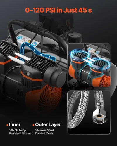 Miniatura 3 de VEVOR Compresor de aire, tanque de acero de 2 galones, compresor de aire libre de aceite de 1HP 2.1CFM a 90PSI y presión máxima de 120PSI, compresor