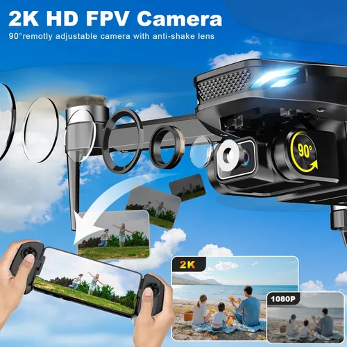 Miniatura 3 de Drone GPS con cámara para adultos, 2K HD FPV Drone con retorno automático, sígueme, vuelo circular, vuelo de punto de referencia, vuelo estable