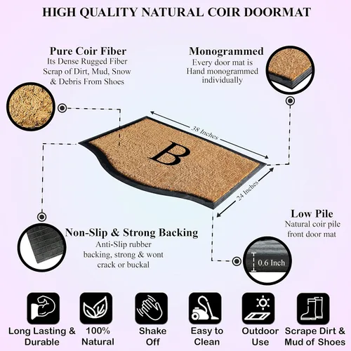 Miniatura 7 de A1HC - Tapete de goma natural y fibra de coco de 24 x 38 pulgadas, con monograma para puerta delantera, tratamiento antidesprendimientos, duradero