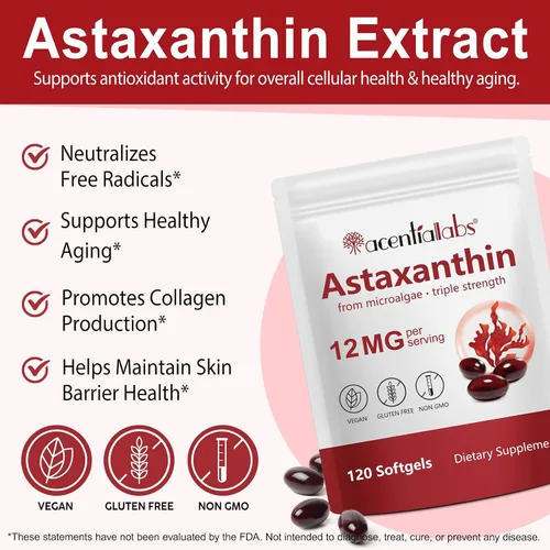 Miniatura 2 de Astaxantina 12 mg, 120 cápsulas blandas – Antioxidante natural de microalgas para una piel sana, visión, articulación y apoyo cardíaco – Sin OMG