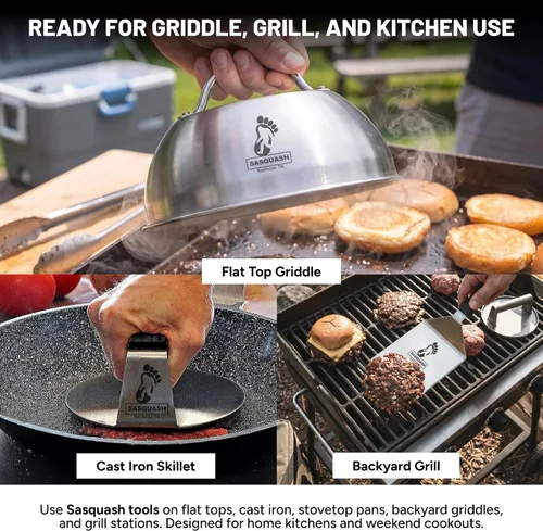 Miniatura 6 de Burger Iron Smash - Prensa para hamburguesas de 6 pulgadas, acero inoxidable, fondo plano redondo, herramienta para triturar hamburguesas, ideal