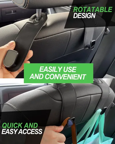 Miniatura 4 de Gancho para reposacabezas de asiento de automóvil, paquete de 2 ganchos de cuero para bolsos y bolsas para colgar accesorios de organización de Negro