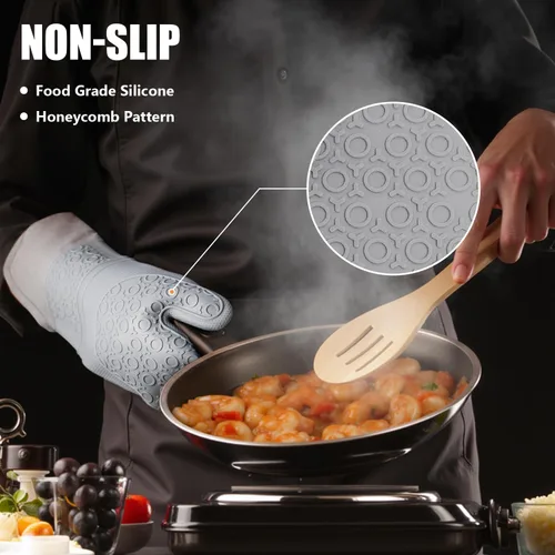 Miniatura 5 de Rorecay Juego de 6 guantes de horno y soportes para ollas para cocina, guantes de horno extralargos de silicona, resistentes al calor, 500 grados