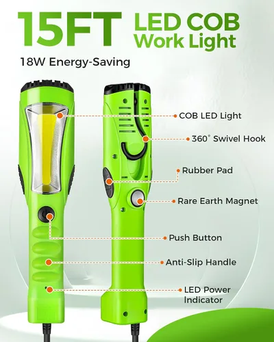 Miniatura 3 de Luz de trabajo LED de 18W, luz LED COB de 2000 lm de 15 pies, luz de mano para debajo del capó con cable de 16 calibre SJTW, gancho giratorio