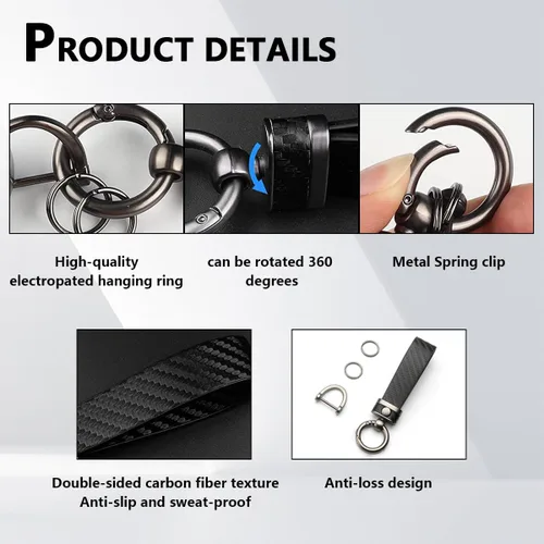 Miniatura 3 de Kewucn Llavero de coche de estilo fibra de carbono, llavero de cuero de microfibra, llavero con anillo en D antipérdida giratorio de 360 grados Negro
