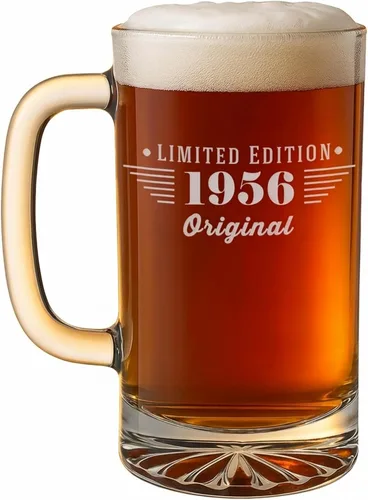 Miniatura 12 de Spotted Dog Company Taza de cerveza de vidrio grabada de 16 onzas vintage de 1956 – Regalos de feliz cumpleaños 70 para hombres y mujeres