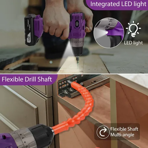 Miniatura 6 de Juego de taladro inalámbrico sin escobillas morado, kit de controlador de potencia compacto de 20 V con motor eléctrico, ajuste de par de 20+3, 48