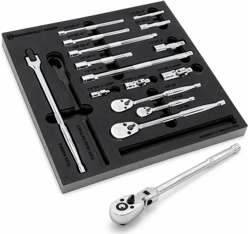 Powerbuilt Master 949009 - Juego de accesorios y trinquetes, 16 piezas, herramientas de transmisión de 1/4, 3/8 y 1/2 pulgada, barras de extensión,