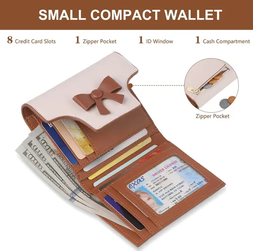Miniatura 2 de yiijay Cartera pequeña para mujer, lindo lazo con bloqueo RFID, plegable, de cuero, tarjetero, compacto, con bolsillo con cremallera