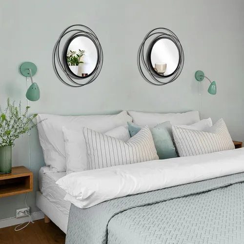 Miniatura 3 de Juego de 2 espejos circulares negros de 33.7 cm, marco de hierro, decoración de pared del hogar, espejos redondos colgantes para sala de estar