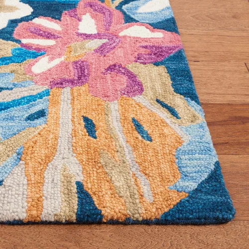 Miniatura 2 de SAFAVIEH Jardin Collection Alfombra de pasillo, 2 pies 3 pulgadas x 8 pies, azul y rosa, lana floral hecha a mano, ideal para zonas de alto tráfico