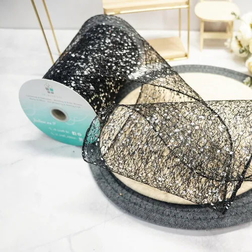 Miniatura 4 de Cinta con alambre de malla brillante con purpurina de 6 x 10 yardas, color negro para decoración del hogar, lazo para envolver regalos