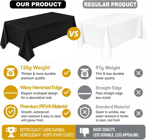 Miniatura 4 de 3 Pack Plastic Black Tablecloth, 54 X 108Inch Disposable Scalloped Dessert Table Coth for Rectangle Tables Waterproof Outdoor Table Cover for BBQ