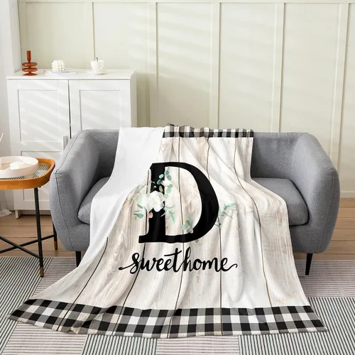 Miniatura 13 de Erosebridal Flower Initial S Flannel Blanket White Floral Flowers Fleece Blanket,40"X50",Personalized Letters Fuzzy Plush Throw for Sofa Beige Negro