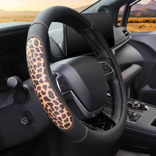 Miniatura 5 de KAFEEK Funda de cuero de microfibra para volante de automóvil, universal de 15 pulgadas, protector de volante de automóvil antideslizante empalmado