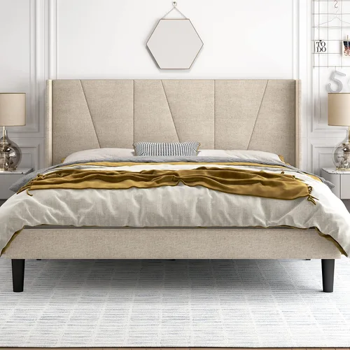 Miniatura 7 de HOOMIC Base de cama tapizada de tamaño matrimonial con cabecera geométrica moderna con respaldo de ala, listones de madera, no necesita somier, base