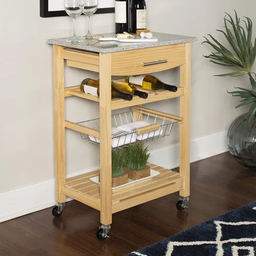 Miniatura 9 de Linon Isla de cocina con tapa de granito natural Mila con cesta de almacenamiento y ruedas