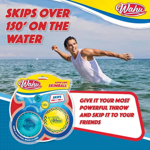 Miniatura 7 de Wahu Super Grip - Juego de 2 pelotas de skimball 100 % impermeables, para piscina y playa, salta más de 150 pies en el agua, azul/amarillo