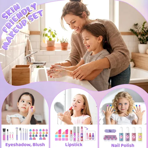 Miniatura 5 de PERRYHOME Kit de maquillaje para niños para niña, juego de cosméticos reales lavables de 59 piezas, juego de maquillaje para niños no tóxicos, kit