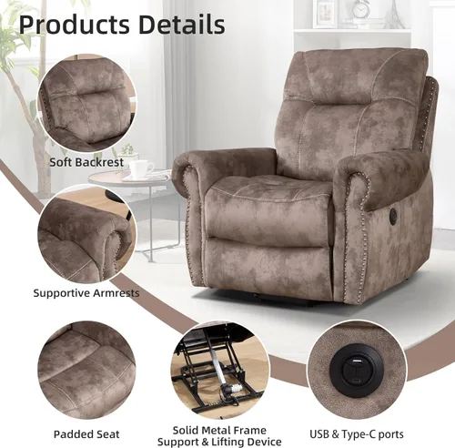 Miniatura 4 de EBELLO - Silla reclinable eléctrica con masaje y calor, sillón reclinable de tela suave para adultos, sofá reclinable individual acolchado, diseño