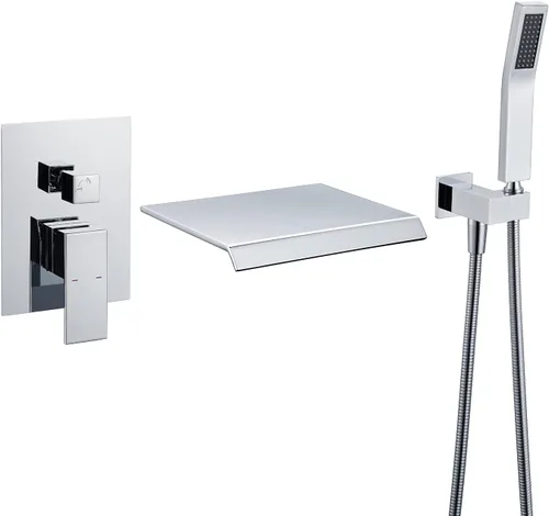 Wowkk Grifo de Bañera de Montaje en Pared Relleno de Tina Cascada Grifo de Bañera Cromado Grifo de Baño de Latón de Una Sola Manija con Ducha de Mano