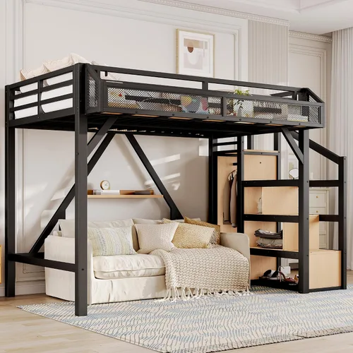 Miniatura 8 de SOFTSEA Cama alta individual XL con escaleras y almacenamiento, marco de cama de metal con puertos USB y luces LED, cama alta resistente con armario
