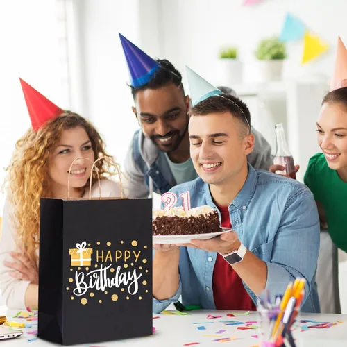 Miniatura 6 de OUTUXED 100 bolsas de papel negro de 10 x 5 x 13 pulgadas, bolsas de regalo de papel kraft grandes con asas a granel para negocios, compras