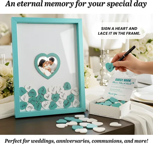 Miniatura 5 de Libro de invitados de boda azul alternativo para recepción con corazones de madera, un marco, decoración de libros, recuerdos para boda, ideas