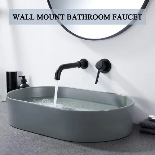 Miniatura 2 de Grifo de baño de montaje en pared, negro mate, grifo de fregadero de baño montado en la pared de una sola manija, boquilla larga giratoria de latón