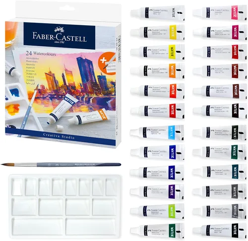 Faber-Castell Juego de pintura de acuarela, 24 tubos de acuarelas líquidas (0.3 onzas líquidas) y paleta de pintura para mezclar, suministros de