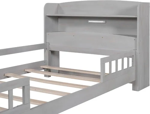 Miniatura 6 de VilroCaz Moderna cabecera de almacenamiento de cama de tamaño individual y barandilla de seguridad para niños, base de cama de plataforma de madera