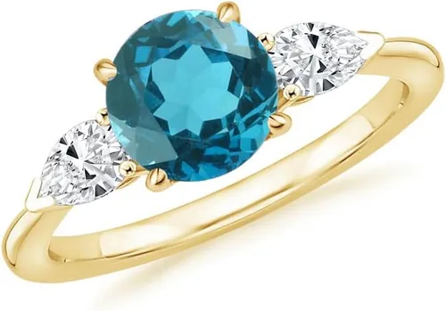 Miniatura 10 de Anillo de compromiso de 3 piedras con topacio azul Londres y diamante blanco de talla redonda y pera, acabado de oro de 14 quilates, anillo
