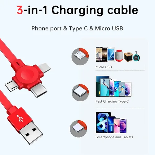 Miniatura 2 de Gartmost Paquete de 3 cables de carga tres en uno. Cable de carga 3 en 1 retráctil. Compatible con USB C/Micro USB/L, compatible con iPhone Azul