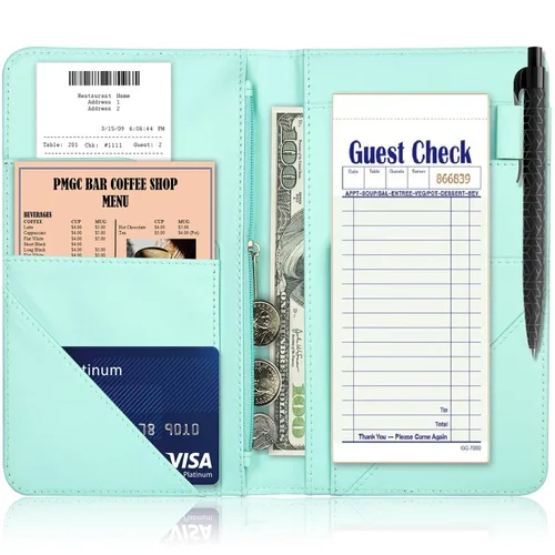 Miniatura 5 de Libro de Servidor, Libros de Servidor de Cuero PU para Mesera, Libro de Mesera con 1 Bolsillo con Cremallera, Billetera de Mesero con 9 Bolsillos