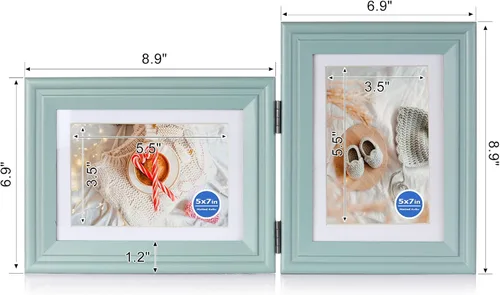 Miniatura 2 de Marco de fotos de madera doble de 5 x 7 pulgadas horizontal y vertical en color verde azulado, pantalla de 4 x 6 pulgadas con paspartú o 5 x 7 Azul