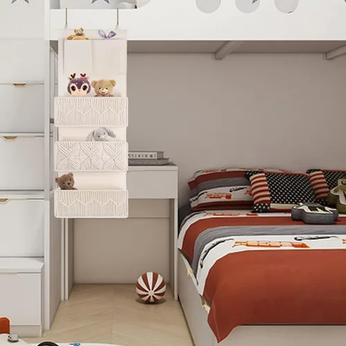 Miniatura 4 de FEILANDUO Organizador de armario de macramé bohemio con 3 bolsillos grandes tejidos detrás de la puerta organizador para guardería, despensa, baño