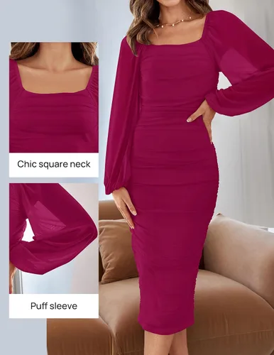Miniatura 3 de ZESICA Vestido midi sexy y fruncido para mujer 2024, manga larga, cuello cuadrado, espalda descubierta, cóctel, fiesta, boda