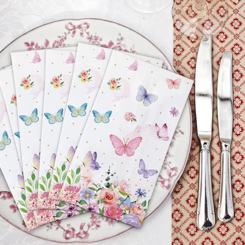 Miniatura 4 de 100 servilletas de mariposa rosa para fiestas, toallas de papel desechables coloridas para jardín, primavera, verano, flores y mariposas, toallas