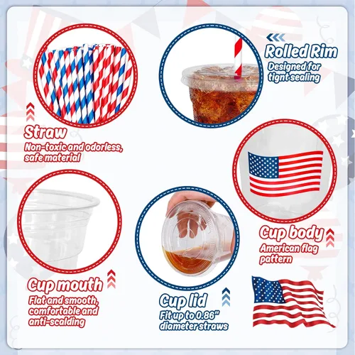 Miniatura 3 de Whaline 50 vasos de plástico desechables patrióticos de 12 onzas con tapas y pajitas con la bandera estadounidense del 4 de julio, vasos