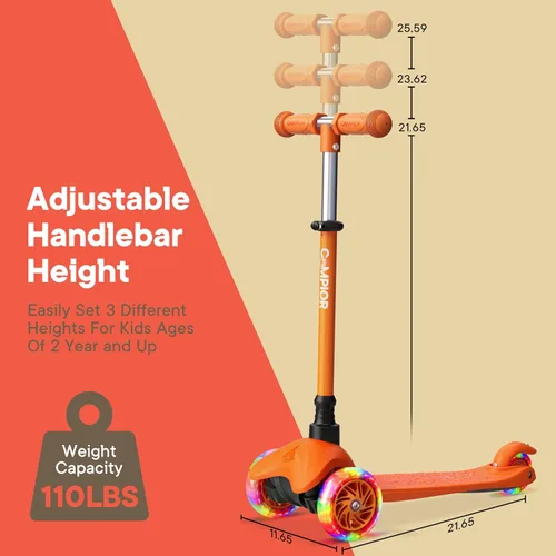 Miniatura 6 de Mini scooter naranja de 3 ruedas para niños, dirección por inclinación con ruedas LED iluminadas, manubrio ajustable, cubierta ancha antideslizante