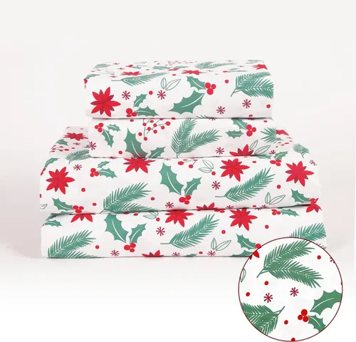Miniatura 2 de Juego de sábanas de microfibra de bolsillo profundo de 4 piezas con diseño navideño de muérdago y flor de pascua, tamaño completo, verde rojo blanco