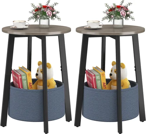 Miniatura 11 de sthmec Mesa auxiliar pequeña redonda con cesta de almacenamiento de tela, mesa de centro redonda con marco de metal para sofás de cama, mesas