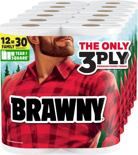 Brawny Tear-A-Square Toallas de papel de 3 capas, 12 rollos familiares XL = 30 rollos regulares, fuertes, absorbentes y duraderas con 3 tamaños de