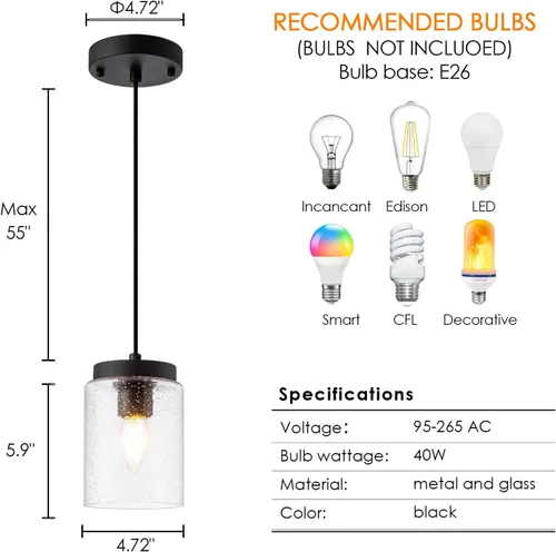 Miniatura 3 de Paquete de 3 lámparas colgantes de vidrio semillado, iluminación colgante negra, moderna, mini iluminación colgante, cable ajustable para cocina