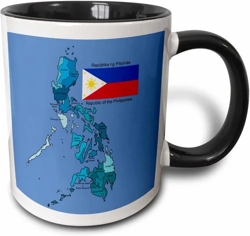 3dRose Bandera y mapa de la República de Filipinas con todas las regiones de colores y etiquetados taza de dos tonos, 11 onzas, negro/blanco