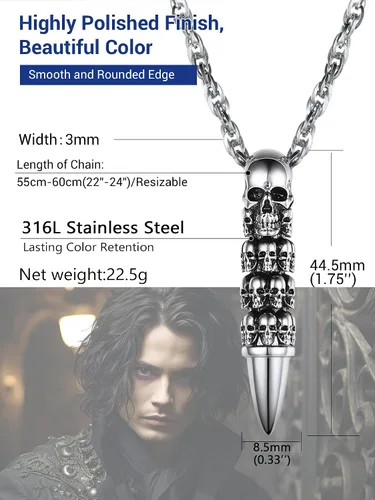 Miniatura 3 de Skull Bullet Charm Necklace for Men, Punk Style, Black18K Gold Plated Stainless Steel Goth Necklace, Halloween Jewelry