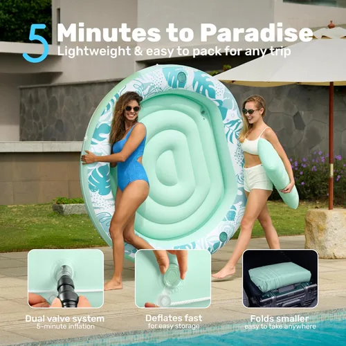 Miniatura 6 de SLOOSH Flotador inflable para piscina de bronceado, flotadores de piscina de 72 x 56 pulgadas para adultos con almohada, flotador redondo 4 en 1
