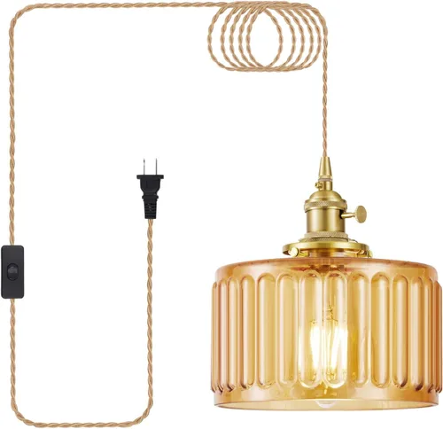 Miniatura 9 de Lámpara colgante enchufable, luces colgantes con cable enchufable, lámpara colgante con vidrio verde, iluminación colgante E26 para isla de cocina